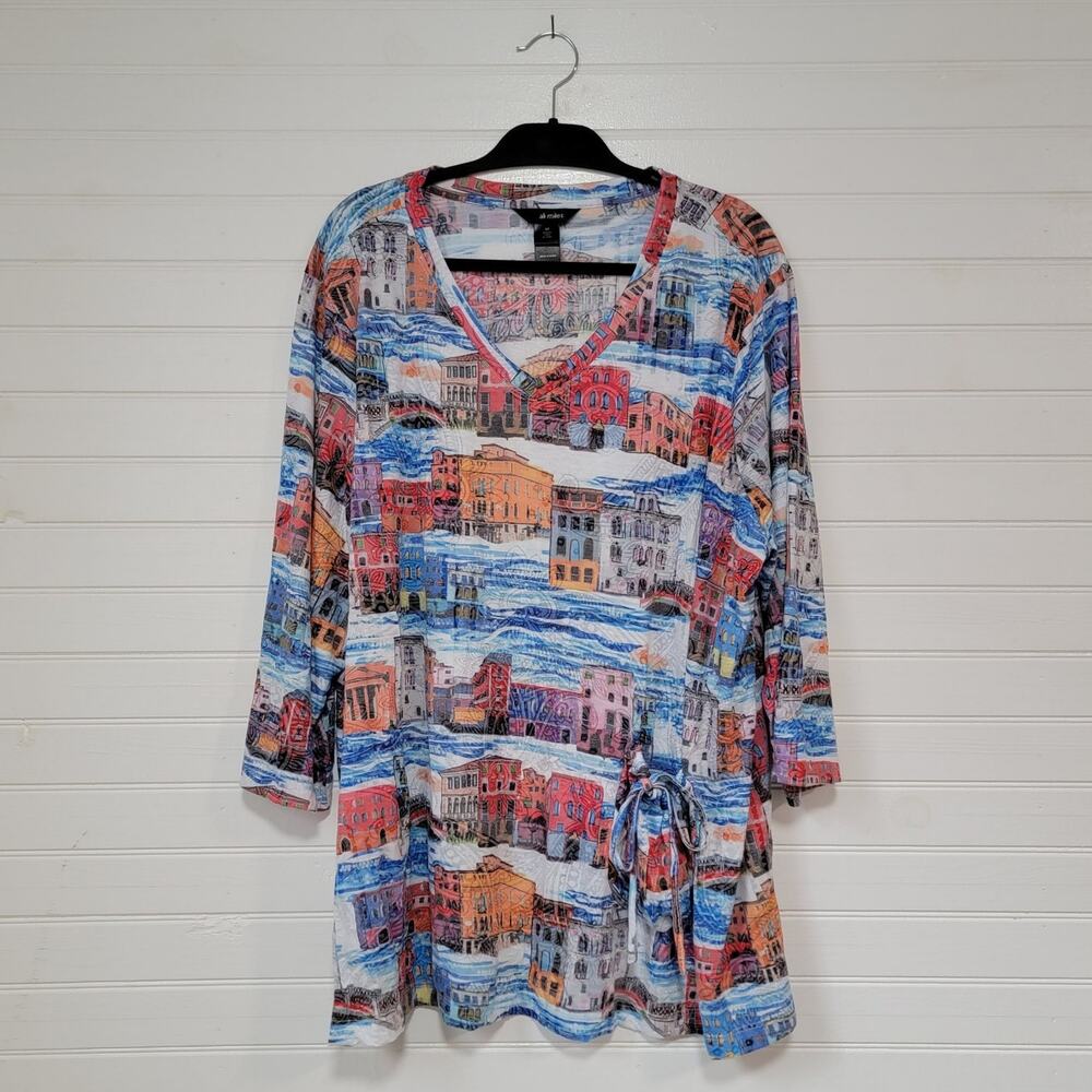 Ali Miles Long Sleeve Shirt Plus Size 3X Wearable Art Pocket V Neck Pullover Top